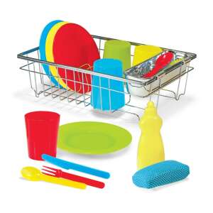 Melissa & Doug Let's Play House Wash & Dry Dish Set, 24 piece pretend play kitchen dish set with dish rack, plates, cups, utensils, soap, and sponge - Melissa & Doug Toy kitchen tool