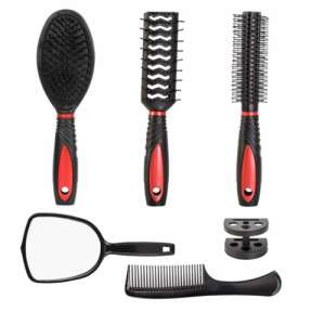 Set de coafat cu 5 piese, cu perie de masaj, perie plată, perie de ondulat, pieptene și oglindă - Frumusețe și sănătate