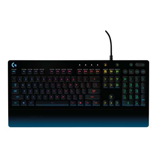 Logitech G213 Prodigy RGB Gaming Keyboard, black, top view, with rainbow lighting