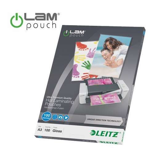 LEITZ iLam Premium Laminating Pouches, 100 micron, A3, Gloss, UDT Technology, 100 pouches