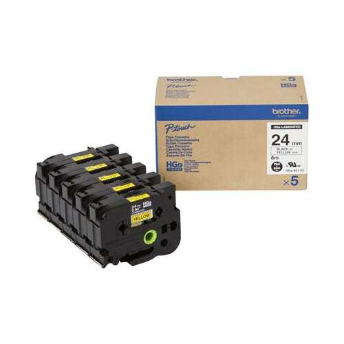 Лента за етикетиране Brother P-touch HGe-651V5 24mm, жълта, 5 опаковки, черен текст