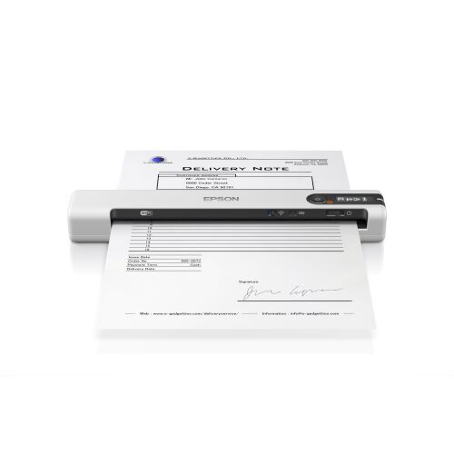 Epson Workforce DS-80W portable scanner scanning a document