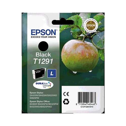 Epson T1291 fekete tintapatron, 11,2 ml, kompatibilis Epson Stylus SX230, SX235W, SX420W, SX425W, SX430W, SX435W, SX438W, SX440W, SX445W, SX525WD, SX535WD, SX620FW, BX925FW, Office B42WD, BX305F, BX305FW, 320FW, BX525WD, BX535WD, BX625FWD, BX630FW, BX635FWD, BX925FWD, BX935FWD, Workforce WF-7015, 7515, 7525, 010DW, 3520DWF, 3530DTWF, 3540DTWF