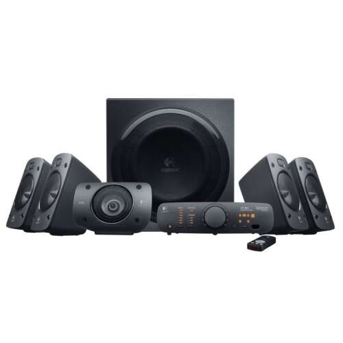 Logitech Z906 5.1-es hangszórórendszer, 1000W csúcsteljesítmény, THX tanúsítvánnyal, Dolby Digital és DTS dekódolással, 3,5 mm-es, RCA, koaxiális és optikai bemenetek, távirányító