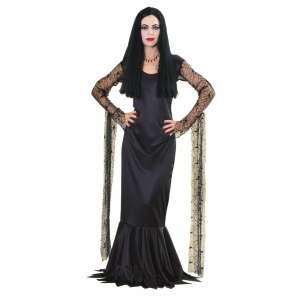 Morticia Addams adult costume, black dress with spiderweb sleeves - Dressing Accessory