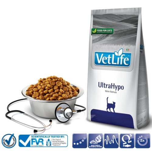 Farmina Vet Life UltraHypo Karma dla kota - 2kg, hipoalergiczna formuła dla kotów z miską i stetoskopem