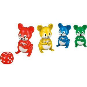 Schmidt A Nagy Letra társasjáték figurái: piros, sárga, kék, zöld egér figurák és egy piros dobókocka - Schmidt