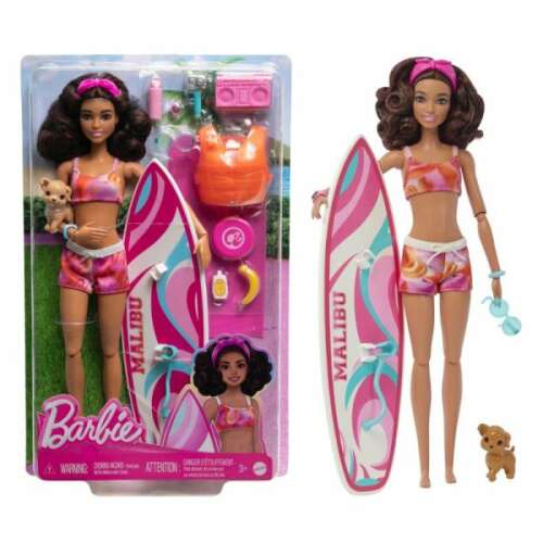 Barbie The Movie Surfing Set doll, brown hair, pink swimsuit, surfboard, puppy, accessories