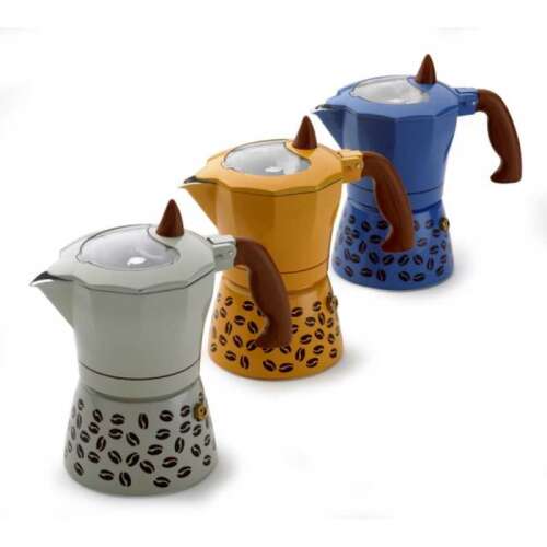 GAT Coffee Show 6-person stovetop espresso maker in white, yellow, and blue with coffee bean design
