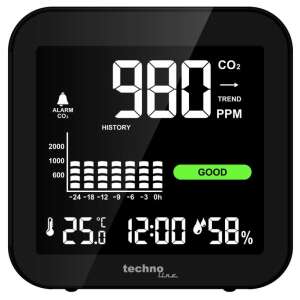 Monitor CO2 Technoline WL1025 wyświetlający dobrą jakość powietrza z poziomem CO2 980 ppm, temperaturą 25 stopni Celsjusza i wilgotnością 58% - Bezpieczeństwo w domu