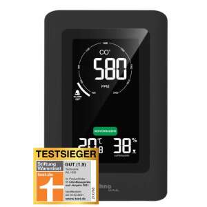 Technoline WL1030 digitaler Luftqualitätsmonitor, schwarz, zeigt CO2-Wert von 580 ppm, Temperatur von 20,8 Grad Celsius und Luftfeuchtigkeit von 38%, mit einem Testsieger-Award - Sicherheit in der Wohnung