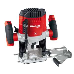 Einhell TC-RO 1155 E router, red and black, with depth adjustment knob, on white background - Einhell