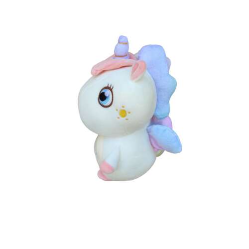 Fehér plüss unikornis hímzett szemekkel, rózsaszín és lila részletekkel, 24x14x17 cm