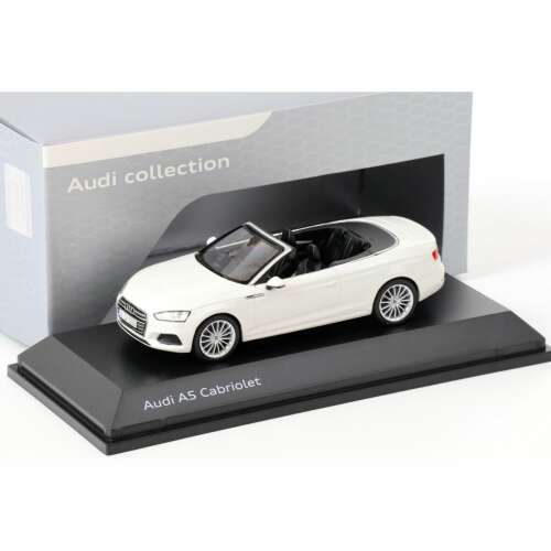 Audi A5 Cabriolet 2017-es modell autó 1:43 méretarányú Tofana White színben, öntött fém modell autó kiállítási dobozban - Audi