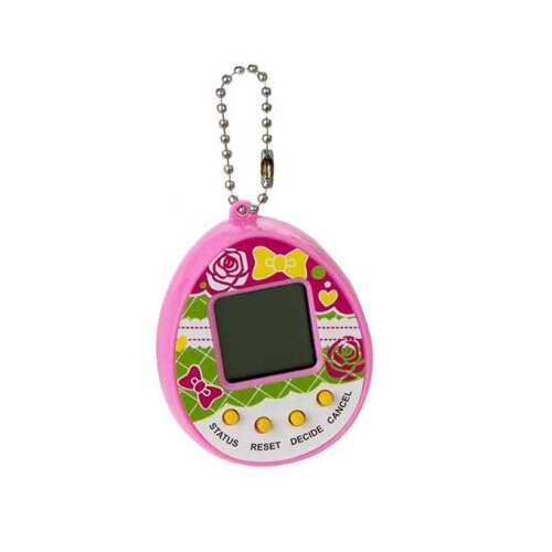 Pink Tamagotchi interactive electronic game, egg shaped, with keychain