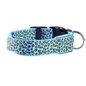 Blue leopard print LED dog collar with black buckle and metal ring, size M - Pet Care