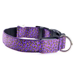 Purple leopard print LED dog collar with black buckle and silver D-ring - Pet Care