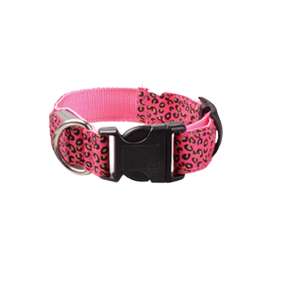 Pink leopard print LED dog collar with black buckle and metal ring - OEM
