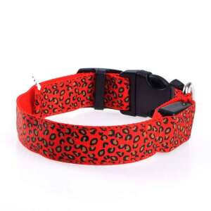 Red leopard print LED dog collar with buckle and metal ring for leash attachment - Pet Care