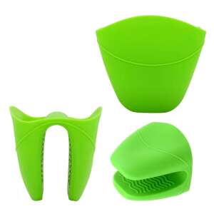 Green silicone pot holder set, includes pot holder, pot gripper, and oven mitt - Oven Mitt