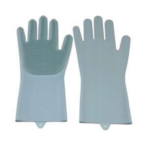 Pair of gray silicone dishwashing gloves with scrubbing bristles - Cleaning