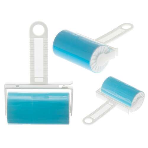 Znovou použiteľný valček na prach s modrým lepiacim valčekom a bielou plastovou rukoväťou, na odstránenie zvieracích chlpov, chĺpkov a prachu z oblečenia, nábytku a kobercov