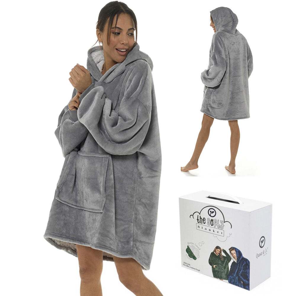Blanket with Sleeves, Hood and Pocket, Quasar & Co.®, wool and polyester with fur lining, universal size, light grey