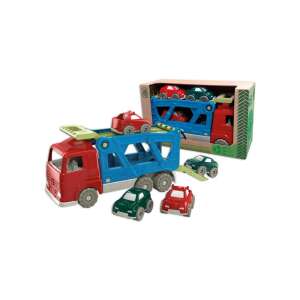 Car transporter toy with 4 small cars, red and green, for kids, eco-friendly, recycled plastic - Androni
