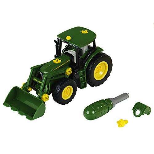 John Deere tractor with front loader and weight, 1:24 scale, green and yellow toy tractor