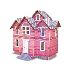 Melissa & Doug Victorian Dollhouse, różowy domek dla lalek z białymi ozdobami, niebieskim i białym dachem, meble do domku dla lalek, akcesoria do domku dla lalek - Domek dla lalek