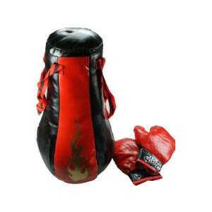 Set de box roșu-negru cu sac de box în formă de lacrimă de 65 cm și mănuși de 25 cm, cu un design cool cu flăcări aurii.  - Saci de box și mănuși de box