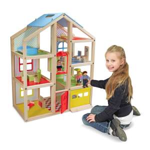 Melissa & Doug Hi-Rise Dollhouse with Lift-Open Door Garage and Hand-Operated Elevator, 30 inches tall, 15 pieces of furniture, 3 posable play figures, ages 3+ - Dollhouse