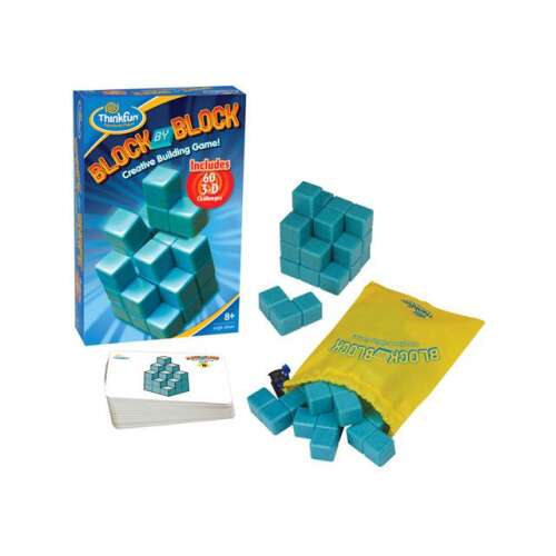 ThinkFun Block by Block 3D Bau-Spiel, 60 Herausforderungen, blaue Blöcke, Puzzlespiel für Kinder