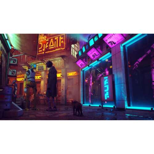 Stray PS4 scenă de joc: pisică explorând un oraș cyberpunk cu roboți