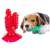 Dog chewing on green cactus dog toothbrush, red cactus dog toothbrush