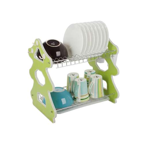 Green dish drying rack with plates and mugs