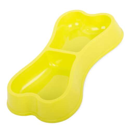 Žltá plastová dvojitá miska pre domáce zvieratá pre mačky a psov, v tvare kosti