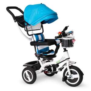 Ecotoys blue and white tricycle with canopy, parent handle, basket, and safety features - Tricycle