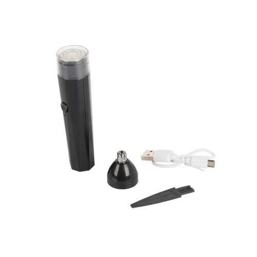Black electric nose and ear hair trimmer with two attachments, USB cable, cleaning brush and cleaning tool