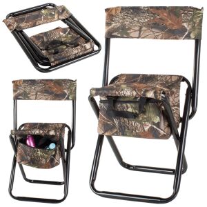 Collage of camouflage fishing chair with cooler bag, folded and unfolded - Fishing Chair & Armchair