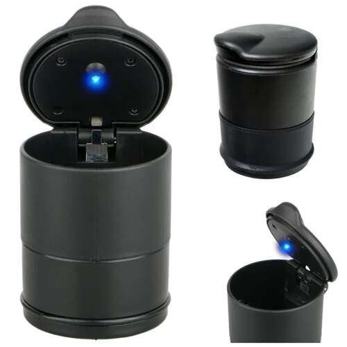 Black car ashtray with blue LED light, 3/4 view