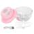 Electric food chopper, pink, with USB cable, whisk attachment, and disassembled parts