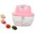Electric food chopper, pink, with examples of chopped food