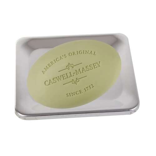 Silver soap dish with a bar of Caswell-Massey soap