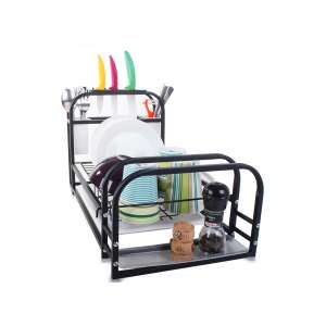 Black dish drying rack with tray, cutlery holder, knife holder, and cutting board holder - Dish Rack