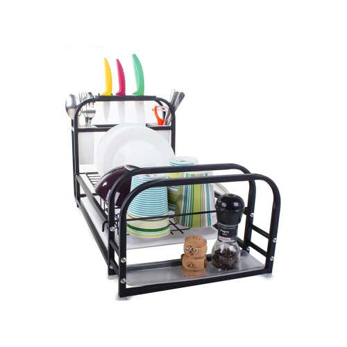 Black dish drying rack with tray, cutlery holder, knife holder, and cutting board holder