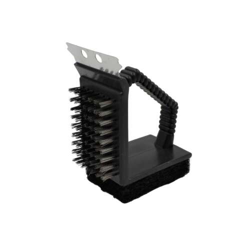 3-in-1 grill cleaning brush with scraper, wire brush, and sponge