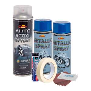 Rim repair and painting kit, includes blue metallic spray paint, clear coat, filler, sandpaper, masking tape, and gloves - EALMEU