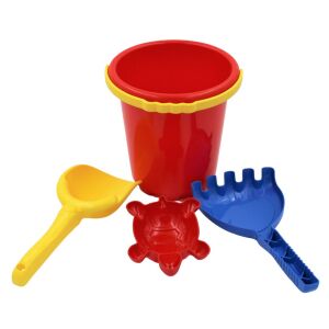 Homokozó Játékkészlet: Red bucket, yellow shovel, blue rake, and turtle mold - Pool and Beach Toy