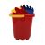 Red bucket filled with sand toys: shovel, rake, and mold